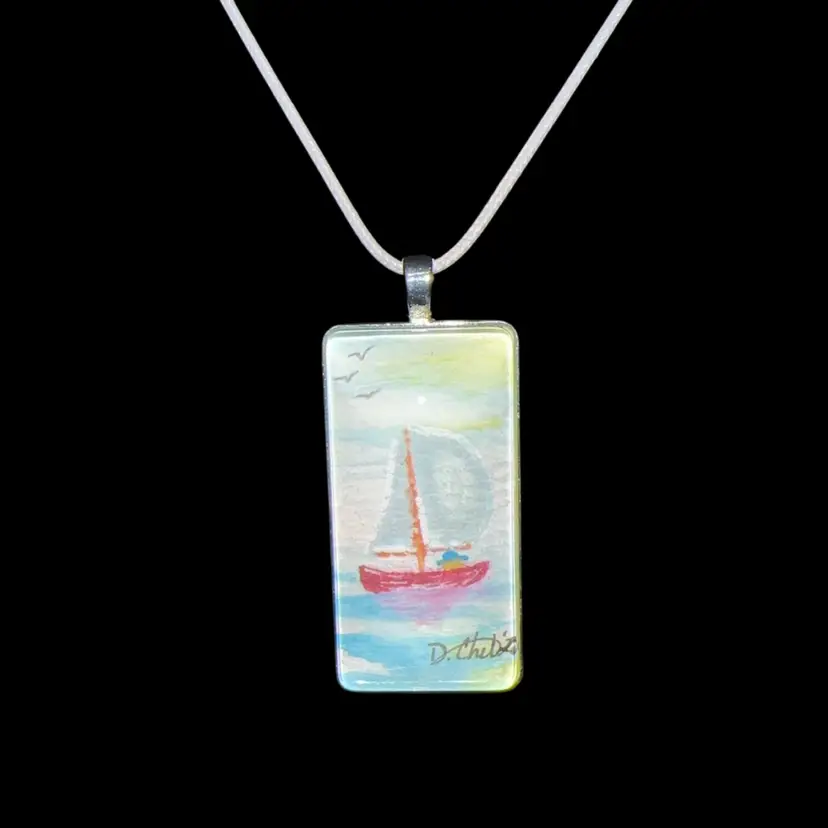 “Sail Away” Original Watercolor Silver Tone Pendant Necklace 1” X 2” (25x50mm) With Solid Glass Cabochon Top And Gray Tone Cord