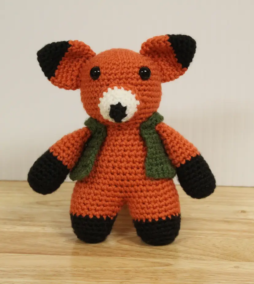 Crochet Fox in Green Vest - Handmade by me
