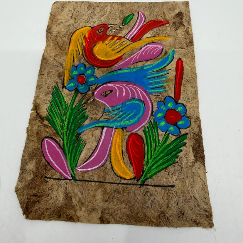 Mexican Amate Bark Painting – Colorful Birds & Florals Folk Art 5.5”