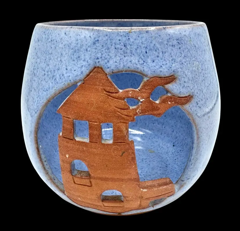 Signed Pam & Mac Open Work Pottery Candle Holder Luminary Lighthouse Blue 3.75”