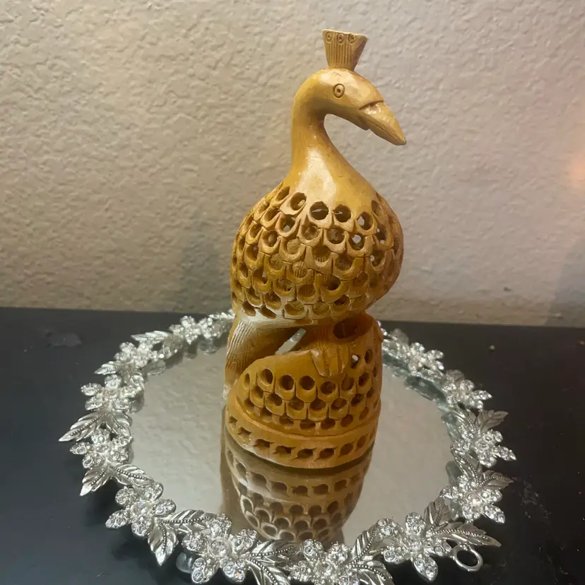 Exquisite Genuine Sandalwood Handcarved 6.5” Reticulated Peacock Figurine