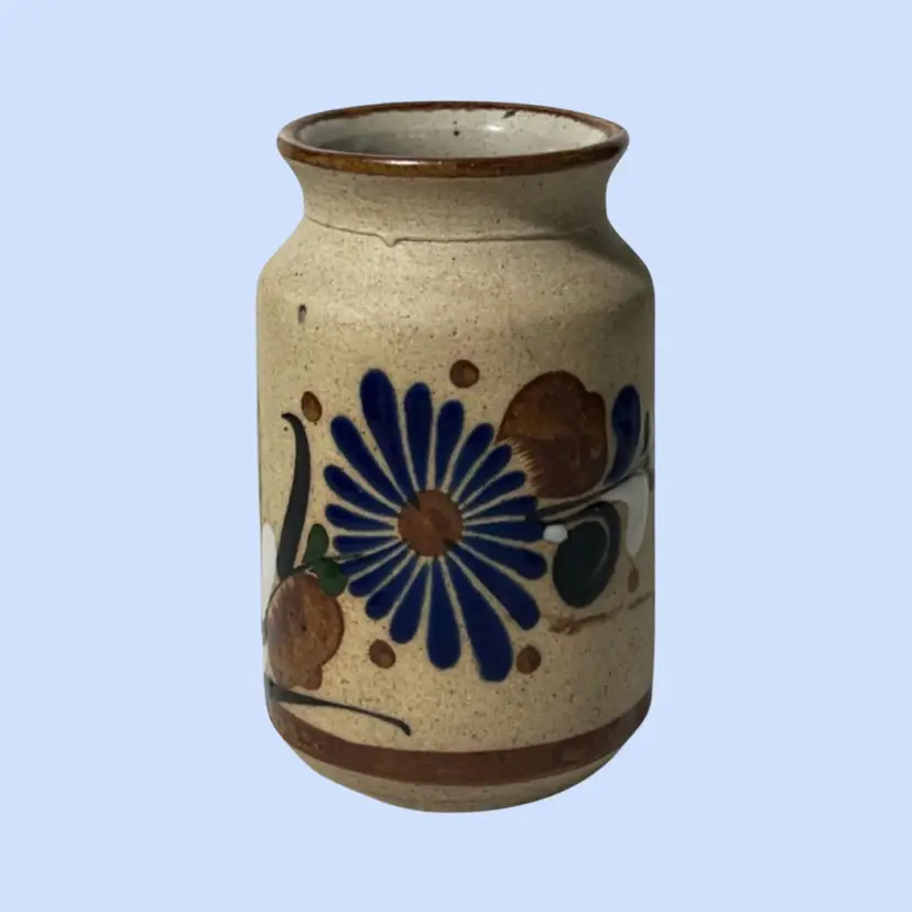 #481- Vintage Tonalá Pottery Vase Mexican Folk Art Hand Crafted Sandstone Clay Flower Signed E
