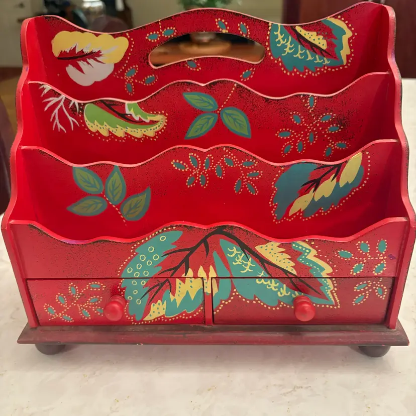 Vtg Red Floral Mail Sorter - Boho Wooden Organizer - 3 Slot Holder Drawers