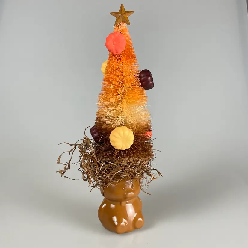 Pumpkin Decorated Bottle Brush Tree in Brown Bear Glass Jar Halloween Fall Decor