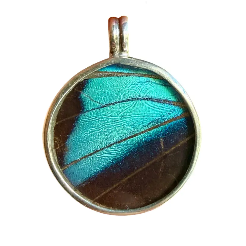 Artisan Made Sterling Fine Silver 950 Blue Morpho Butterfly Large Reversible Pendant 1.70”, 8.3g