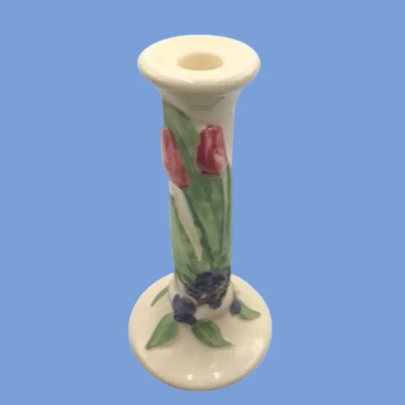 #138- Candlestick Holder Tulip Embossed 
“Garden Party” Pattern Pink Purple Flower
By Treasure Craft USA