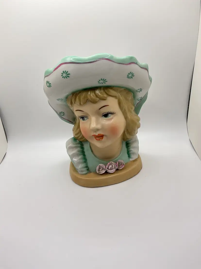 Vintage Ucagco Ceramic Girl Head Vase Planter - Bonnet Lady Japan