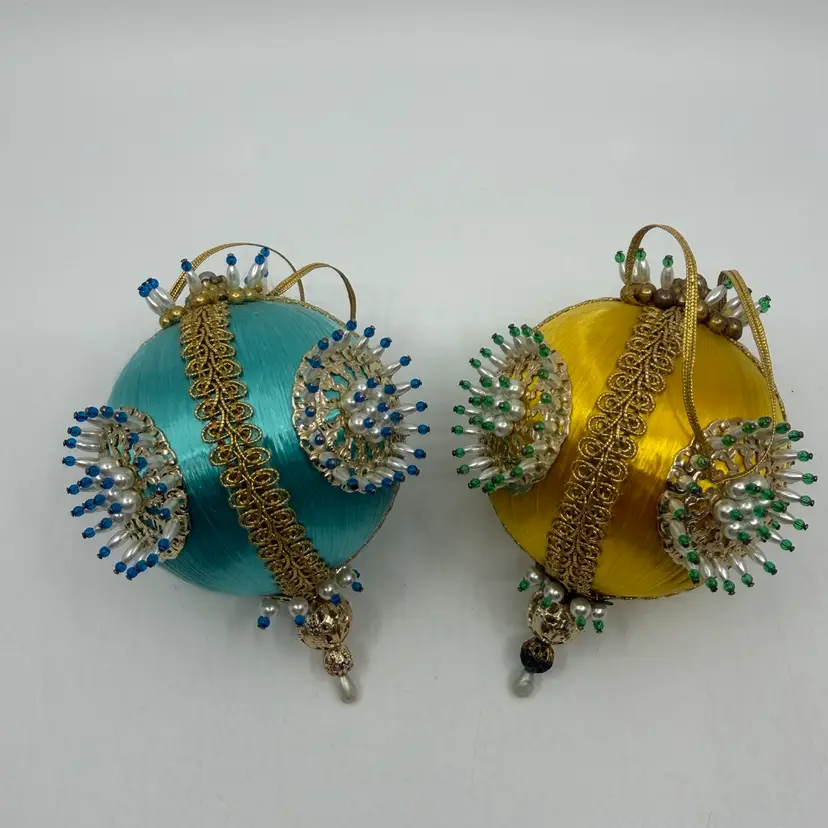 2 Vintage Satin Bead Push Pin Christmas Tree Ornaments 3”