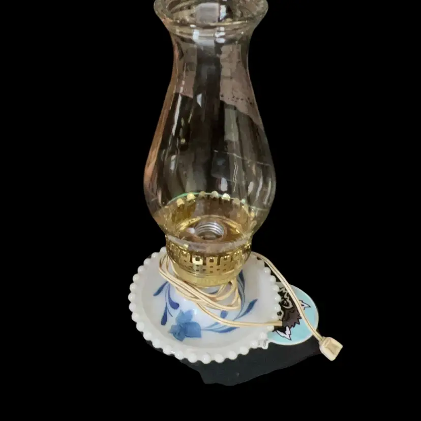 Table Top Lamp Milk glass Hand Painted Blue Floral Base And Clear Glass Globe Tested