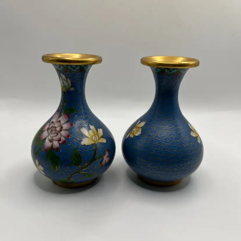 Pair of 4" Blue Chinese Enamel Cloisonne Brass  Floral Vases
