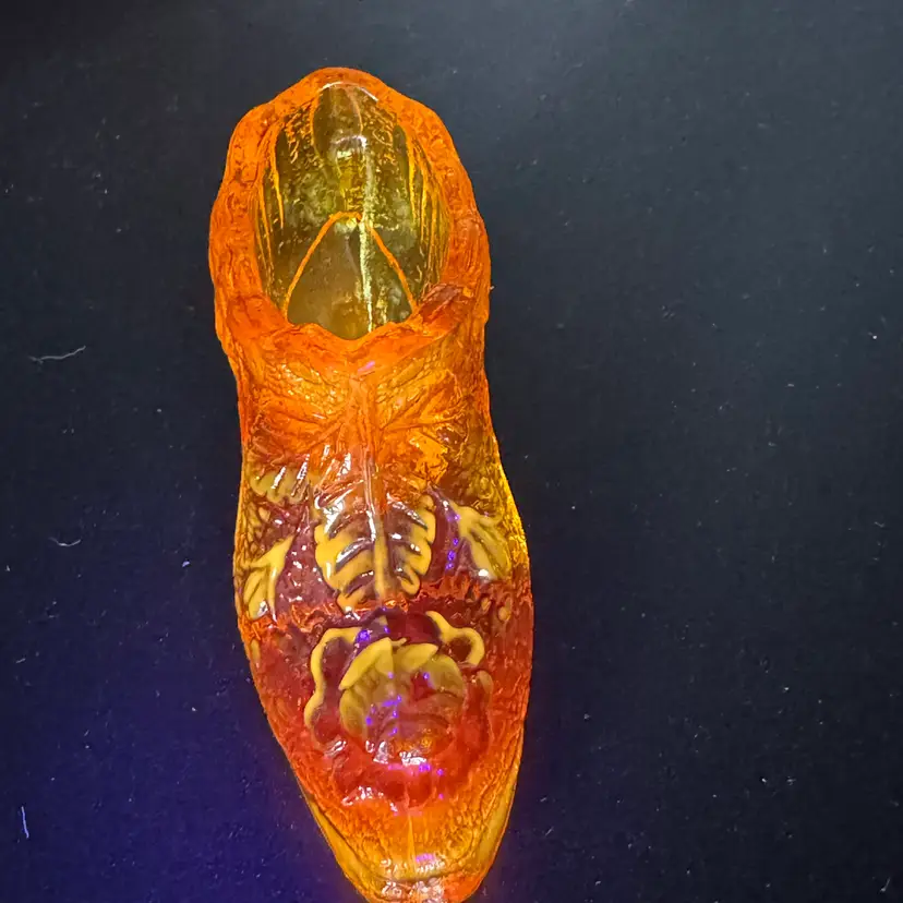 Vintage Fenton Amber Cadmium Glass Slipper Alligator Vamp Daisy Shoe Glows