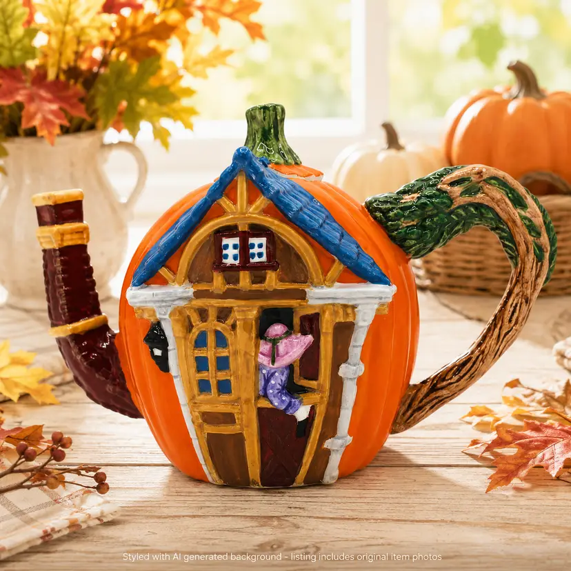 Vintage Fall Decor Teapot Dept 56 Peter Pumpkin Eater Fairy Tale Halloween