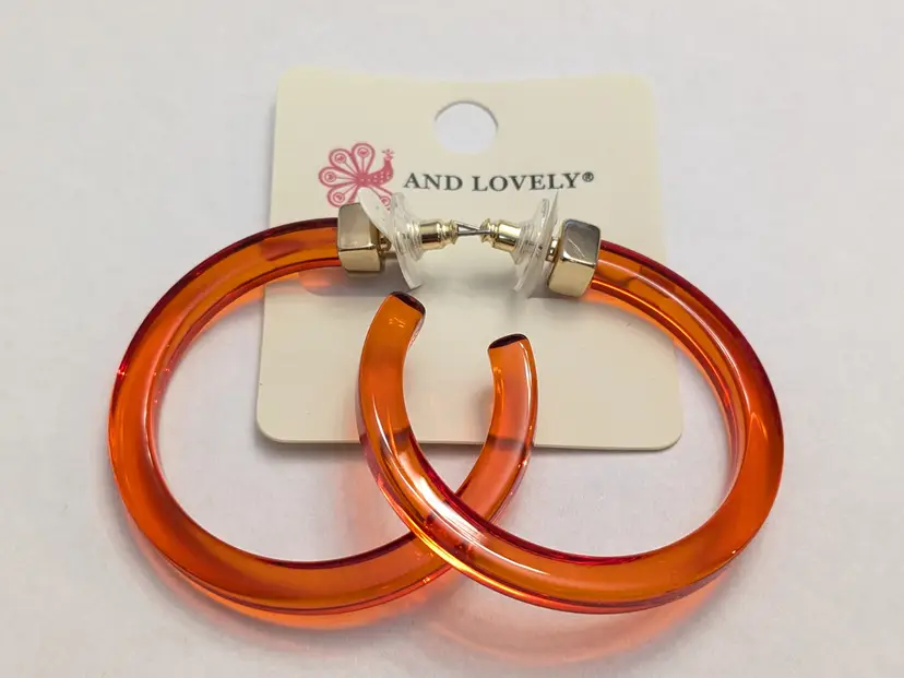 And Lovely Gold Tone Red Acrylic Hoop Pierced Earrings NWT