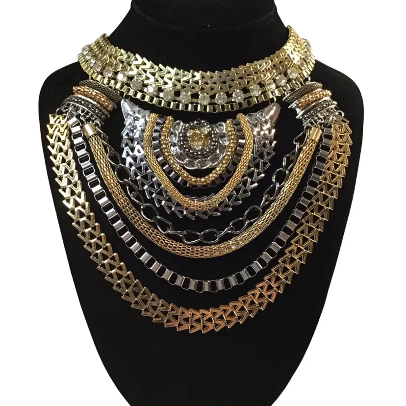 Glam Multi Strand Bib Necklace Mixed Chain Rhinestone Cleopatra Collar Costume