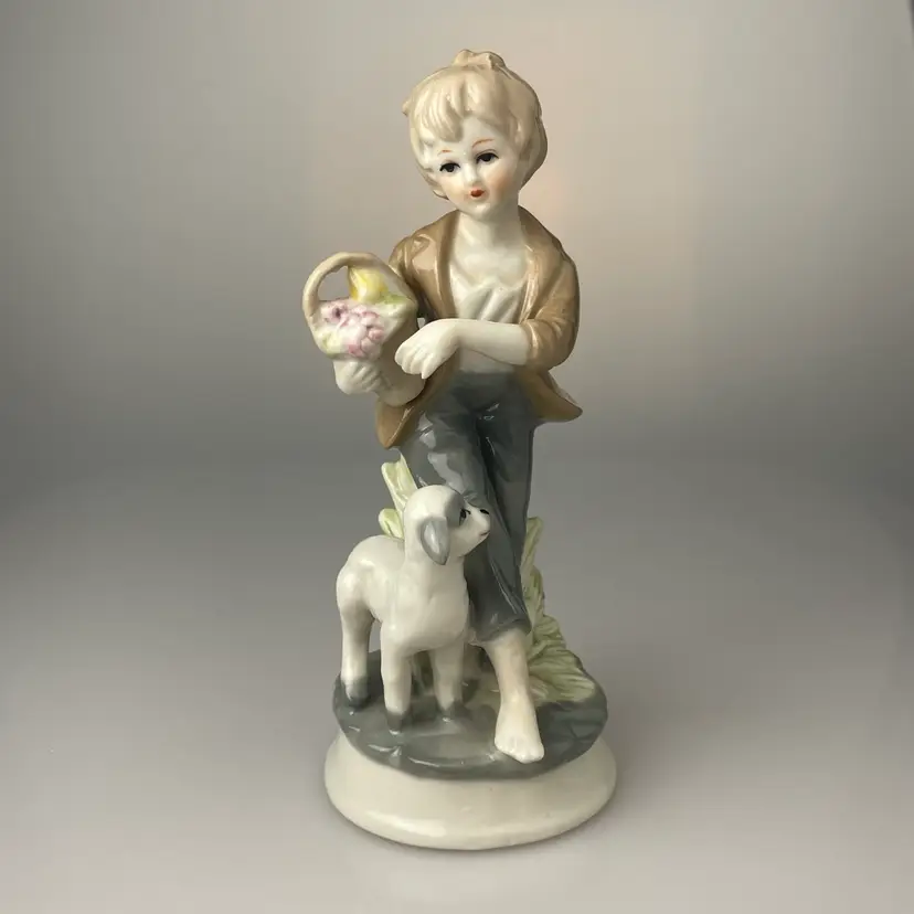 Young Boy, Fruit Basket and Lamb Porcelain Figurine Vintage Cottage Decor 7”
