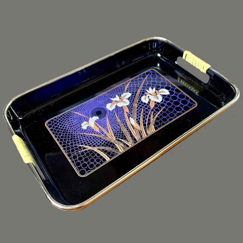 10.75"x7" Vintage Japanese Black Lacquerware SMALL Serving Tray, IRIS Flowers