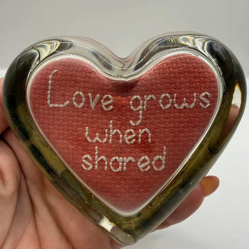 Love Grows Needlepoint Red Heart Paperweight 3.5”