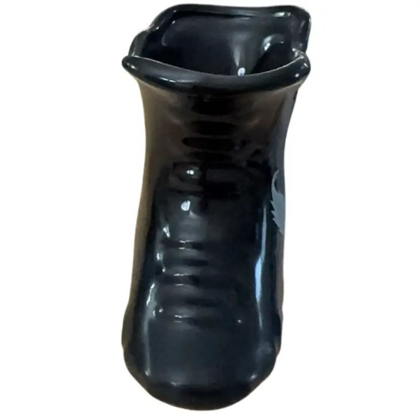 SH18  VTG 70s-80s  Black Ceramic Laced Boot With Mauve Flowers & Silvertone Leaves Made In Taiwan Sticker