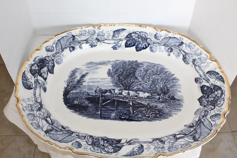 Antique George Jones & Sons Crescent England Blue Transferware 20" Platter c1900