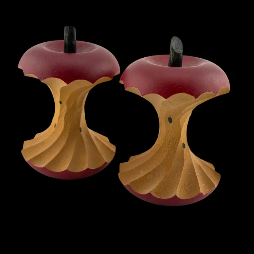 Wood Carved Art Apple Core An Apple A Day Set Of 2 4"