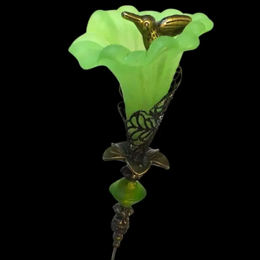 Green Floral Hat Pin with Hummingbird 8”