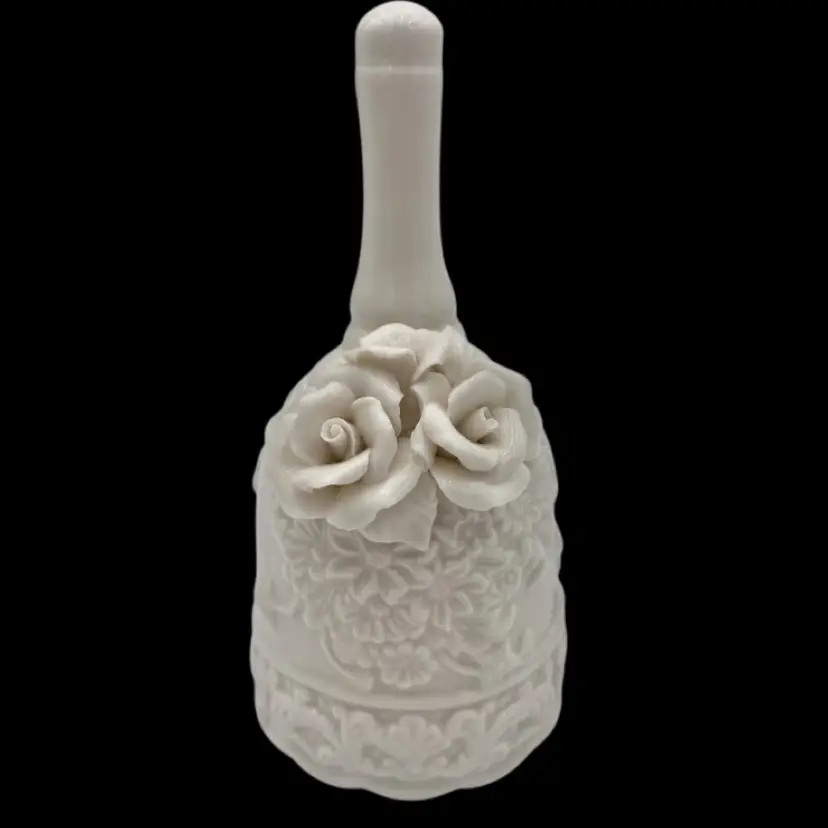 White/Ivory Porcelain Bell, Applied/Sculpted Roses on Bell, Embossed Design