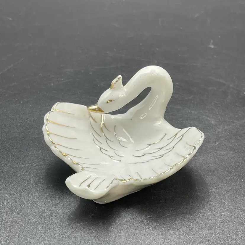 Swan Bird Trinket Dish Vintage White Gold Ceramic Japan
