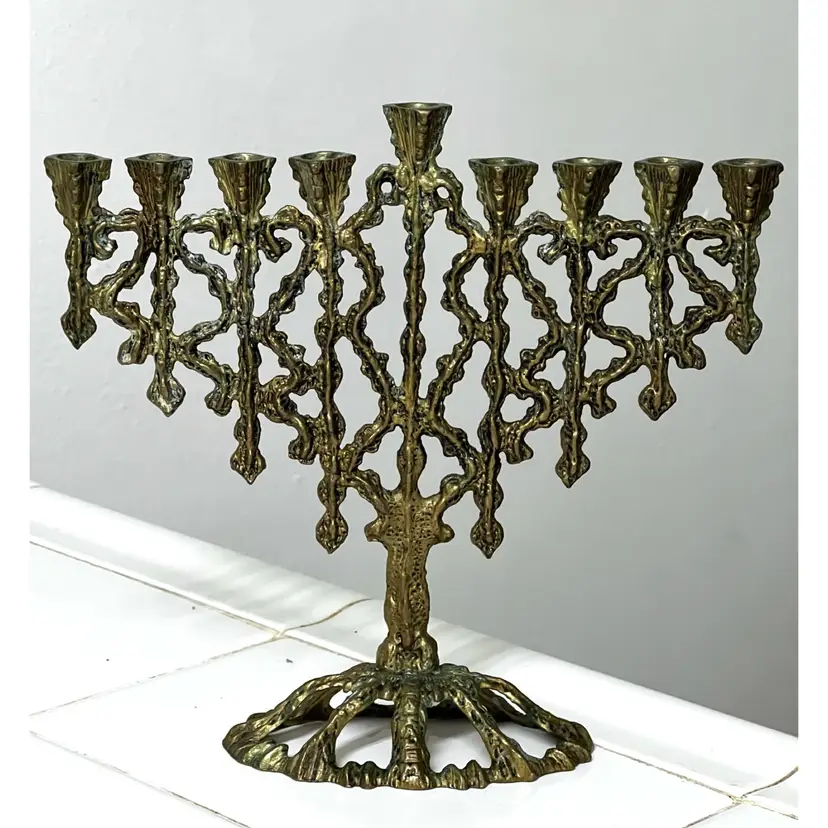 Brass Hanukkah Ornate Menorah Nine Candles Holder Jewish Religion Judaica 8 in
