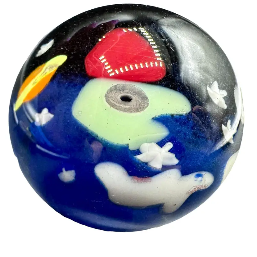 PT Kenin Giant Art Glass Marble Deep Space Stars Planet Rocket Airplane 2.58”