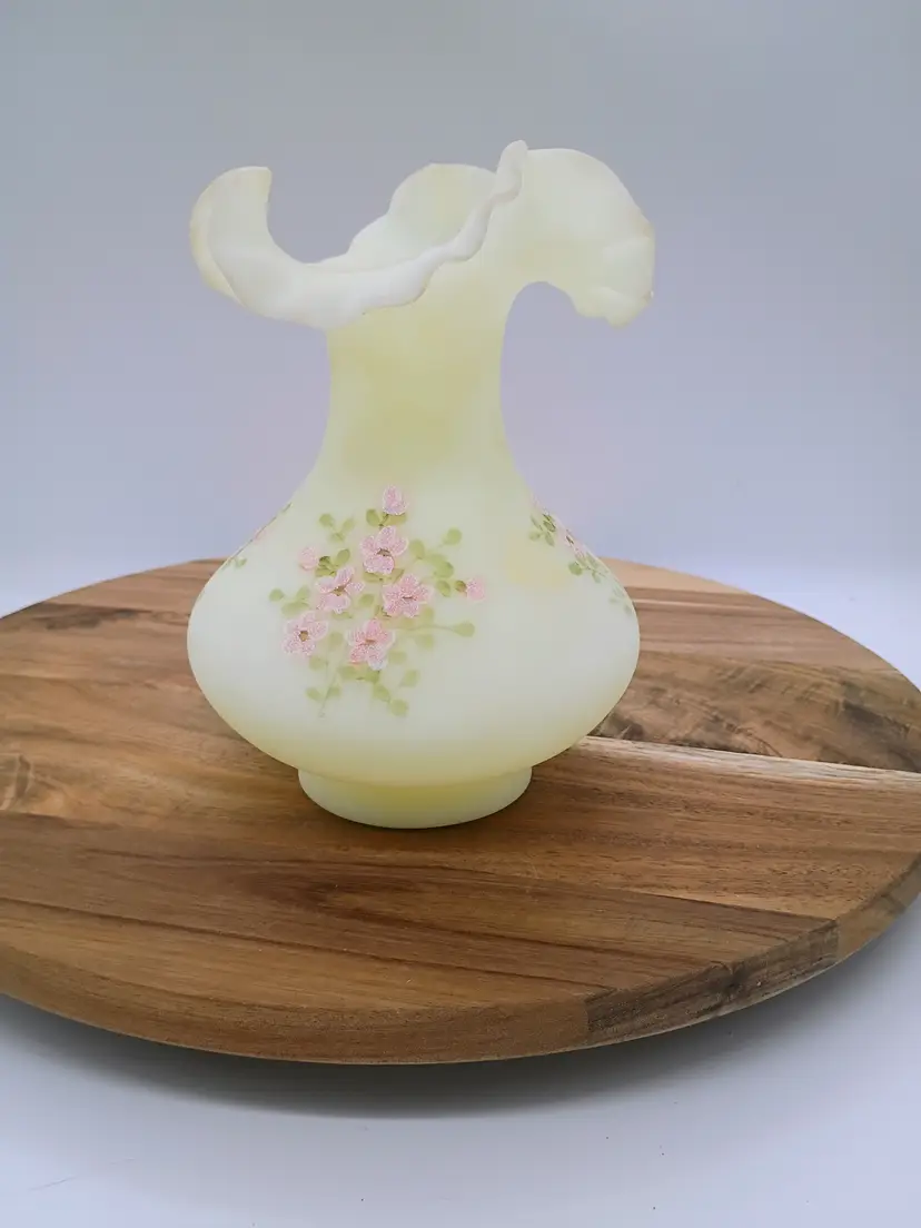 Vintage Fenton UV Custard Glass Ruffled Rim Vase Pink Frit Flowers Signed Sue Foster.