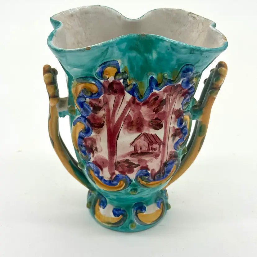 004.  Vintage Deruta Double Handled Vase Italian Hand Painted 7”H