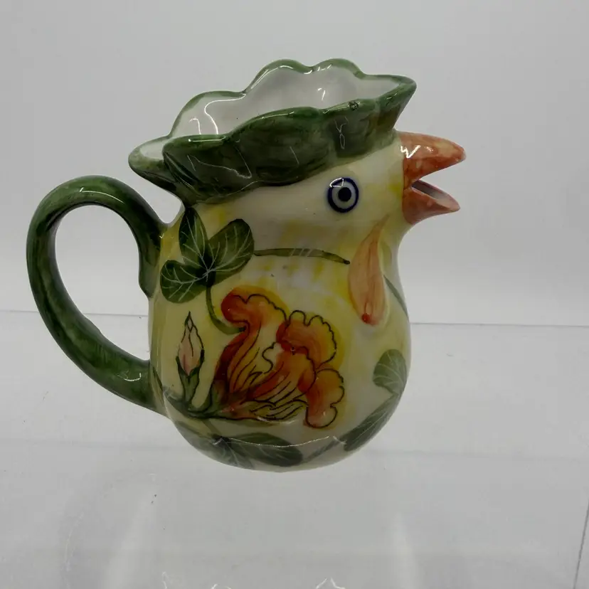 Ceramic Chicken Miniature Creamer Yellow Green Florals Farmhouse 3”
