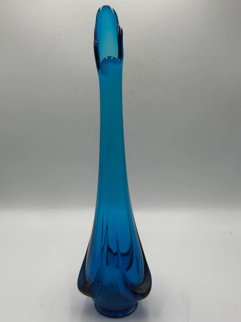 Vintage MCM Viking Glass Epic Column Ribbed Swung Vase Bluenique Blue 14"