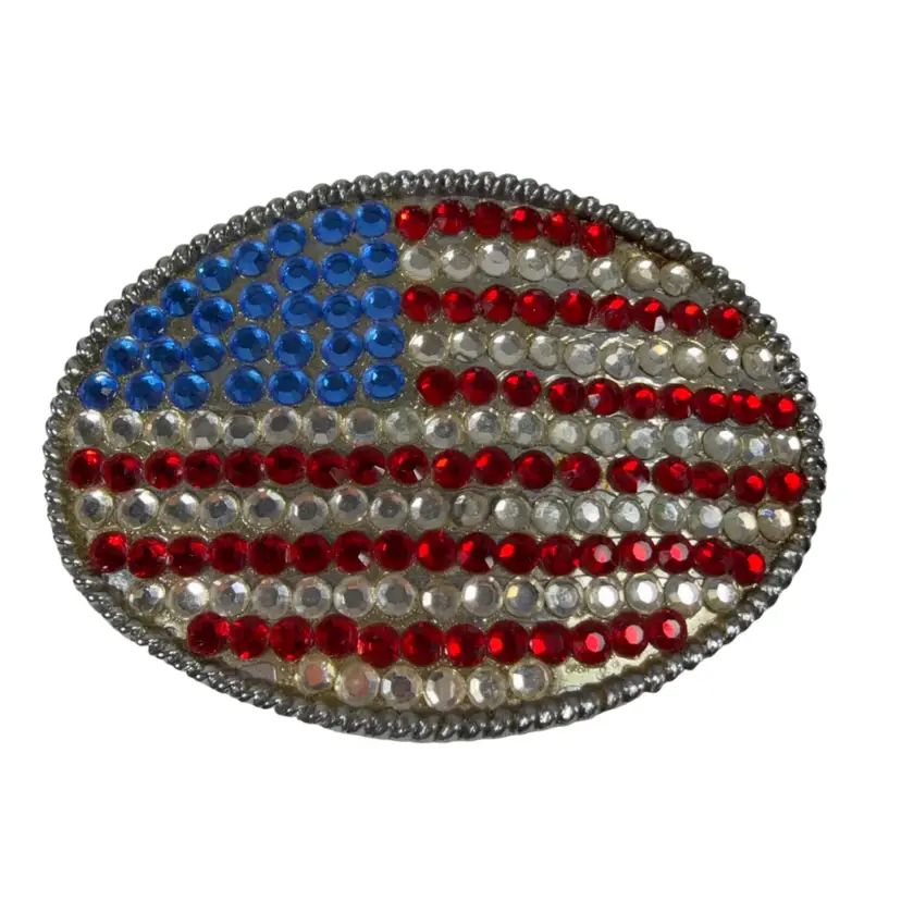 Rhinestone American Flag Buckle Made in USA 4” x 3”
