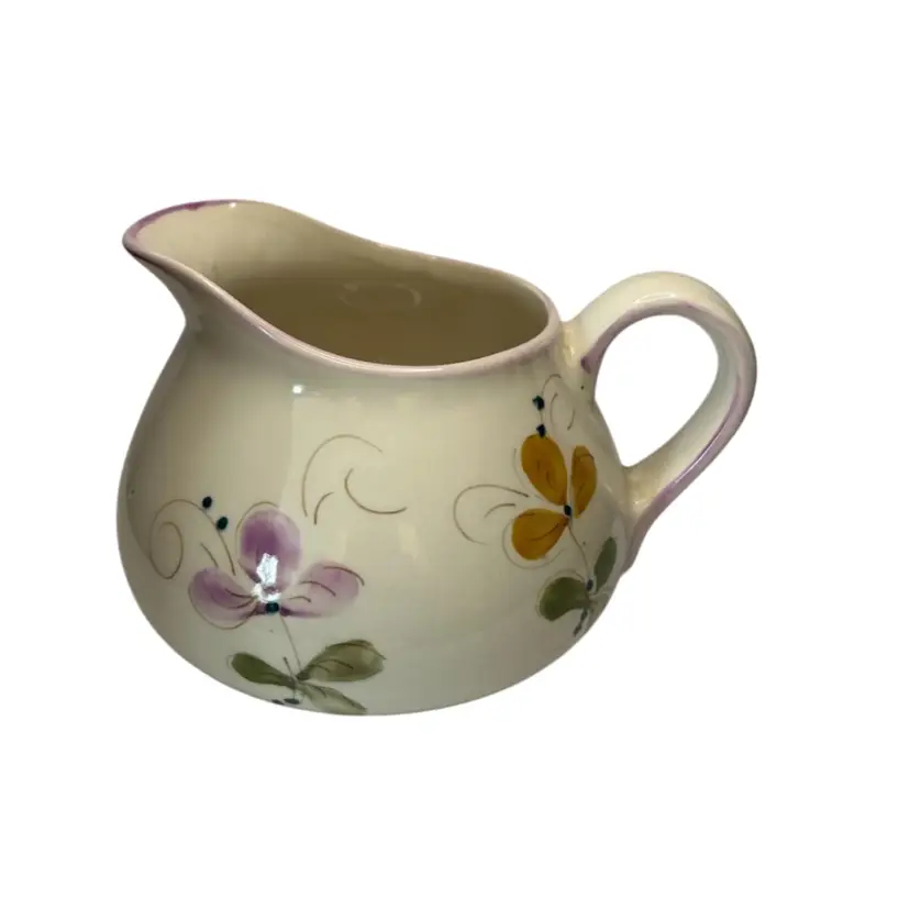 Hand Painted Portugal Squat Pitcher
 4 1/2” Tall Floral Motif