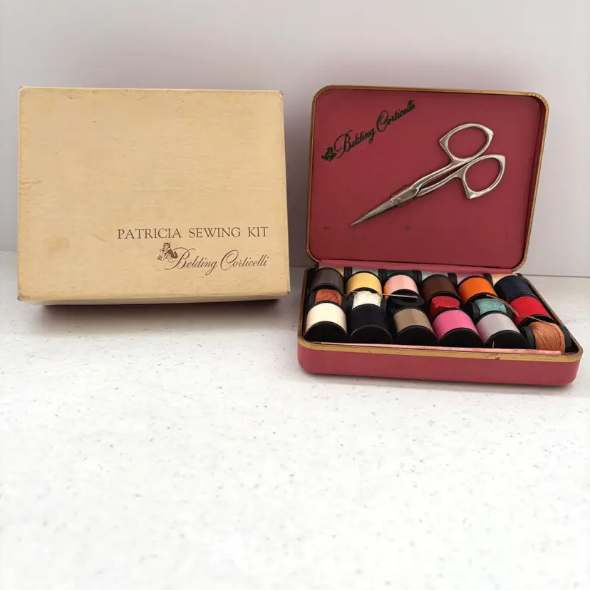 Vintage 50s Belding Corticelli Sewing Kit Thread Wooden Spools Thimble Scissors