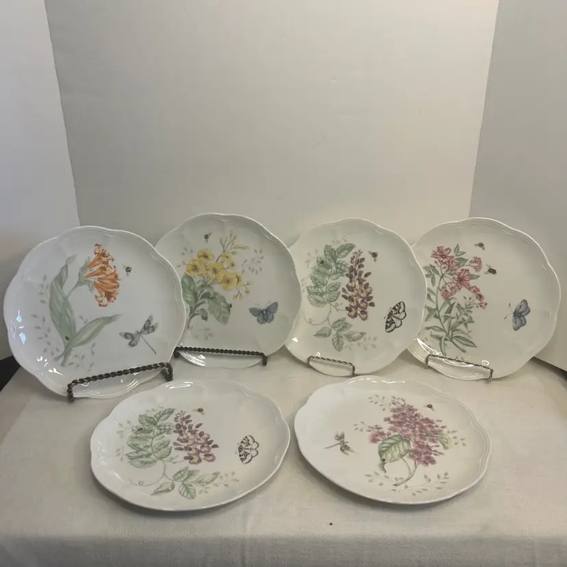 Set Of 6 Lenox Butterfly Meadow Floral Insects Porcelain 9" Salad Plates