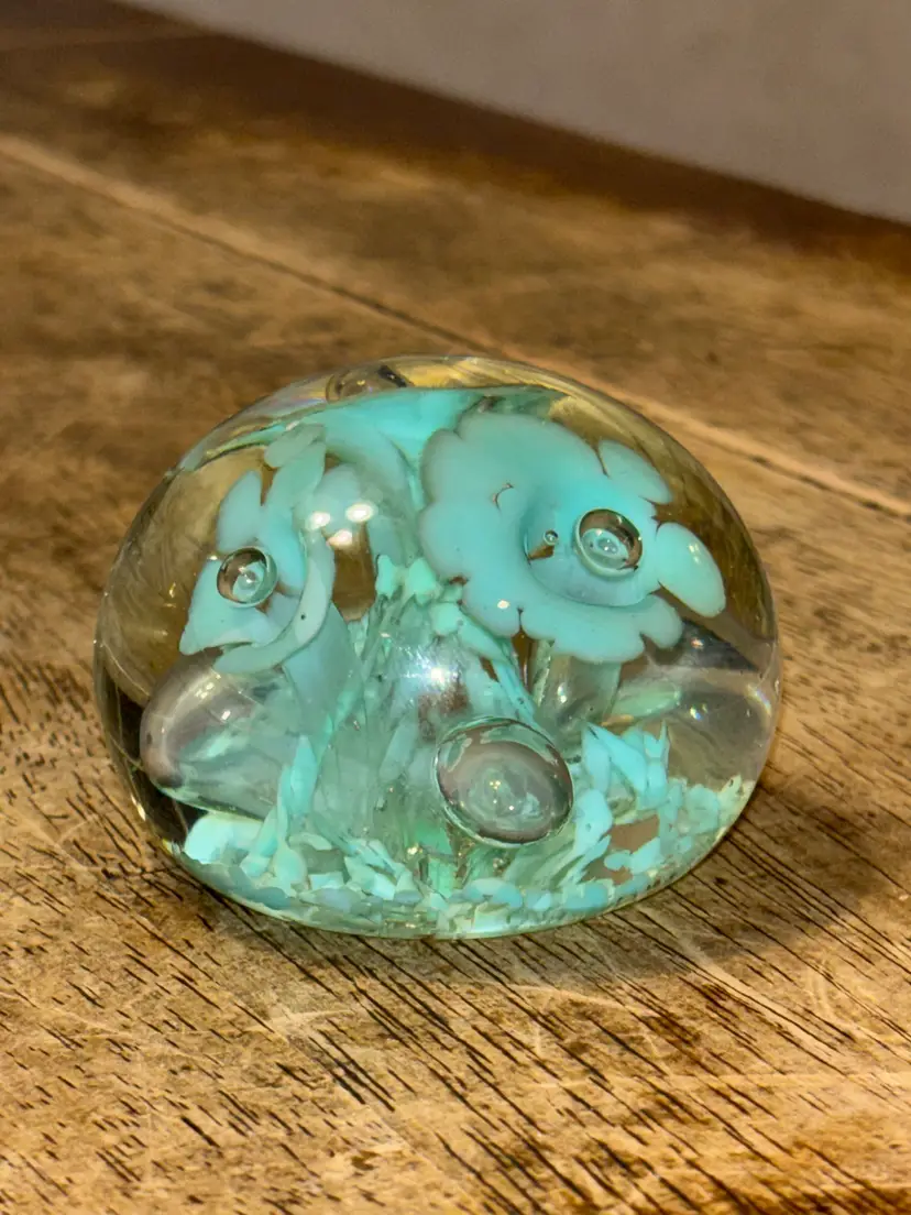 Vintage BPK GW Big Pine Key Glass Paperweight Floral
