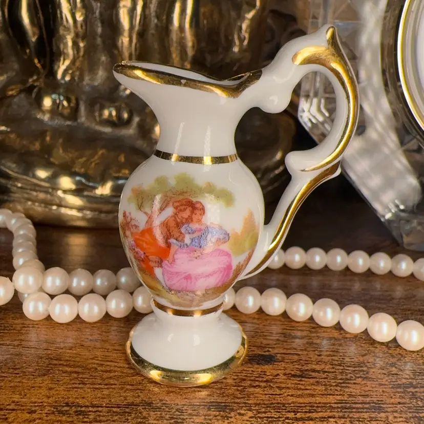 😻 vintage Limoges France porcelain miniature pitcher featuring a courting couple scene 22k gold