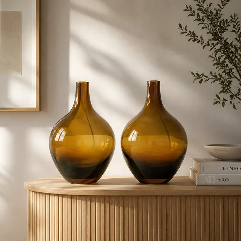 2 Vintage Ikea Handblown Amber Glass Salong Vase Johanna Jelinek, 8"