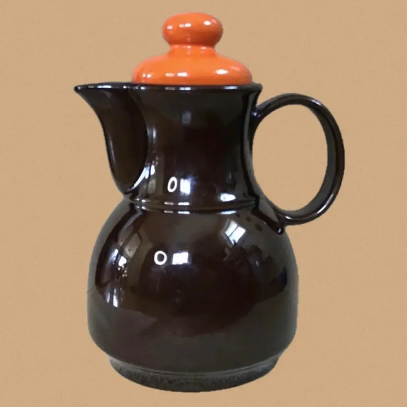 Vintage Brown Ceramic Coffee Pot with Orange Lid Retro Mid Century Cottagecore