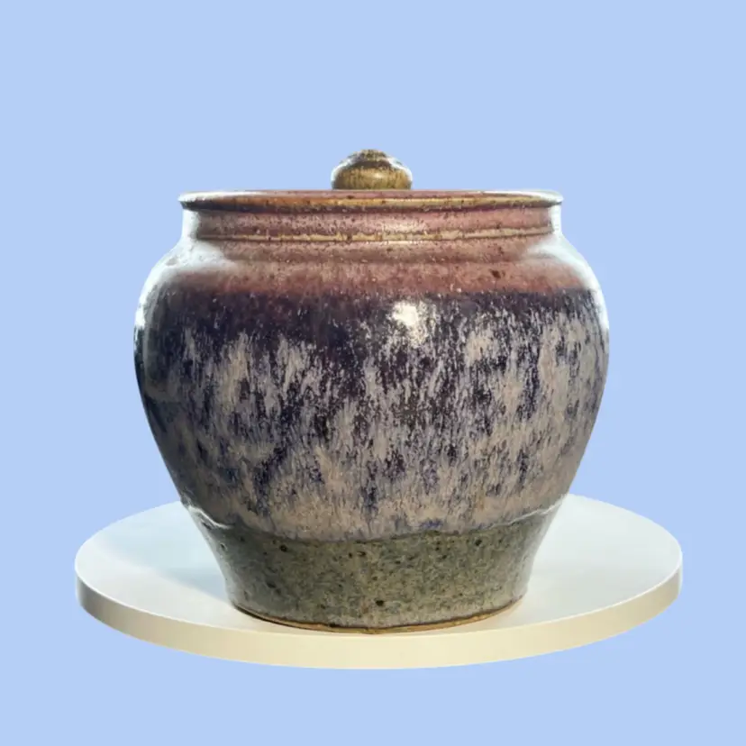 #096- Pottery Canister Lidded Jar Shades Of Purple Glaze With A Green Base Signed By Artisan Kat