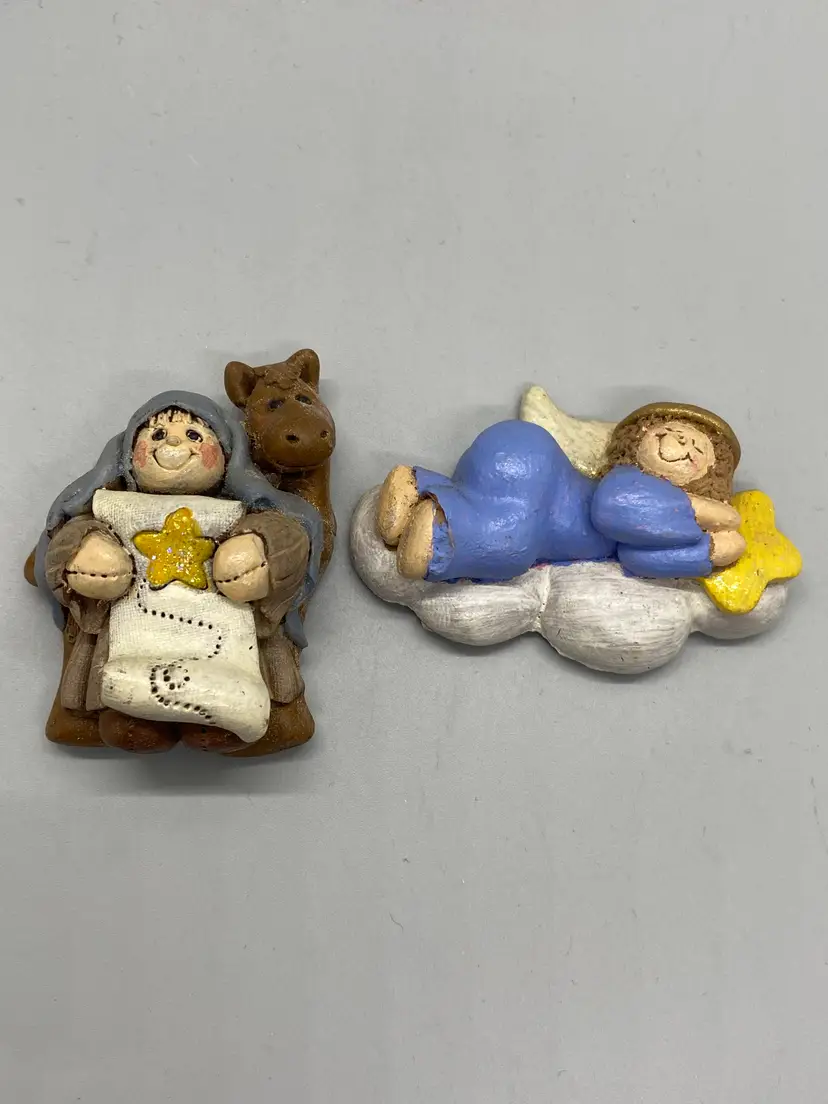 2 Hand Painted Clay Holiday Magnets Sleeping Angel Wiseman and Camel