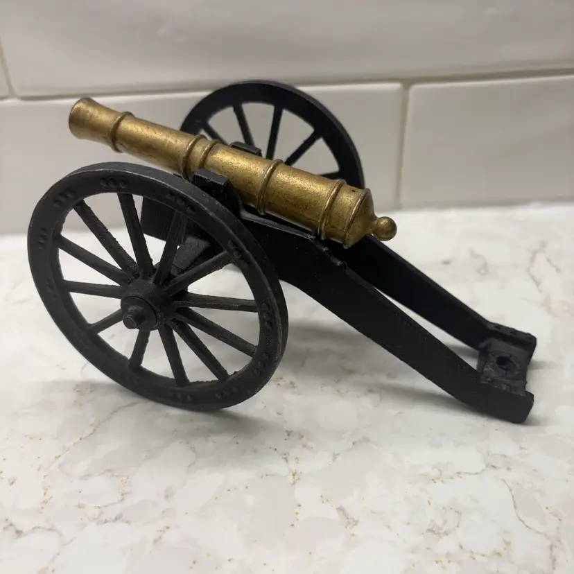 Vtg Miniature Civil War Cannon - Brass Barrel + Black Cast Iron Carriage Wheels