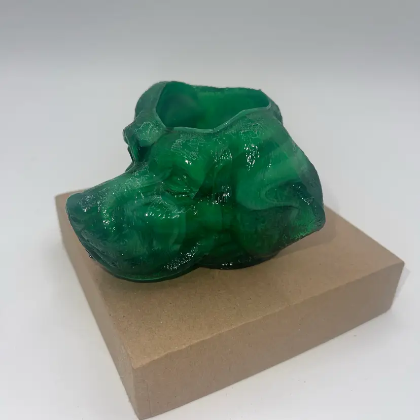 Joe St Clair MALACHITE GREEN Carnival Glass DOG HEAD TOOTHPICK HOLDER Rare