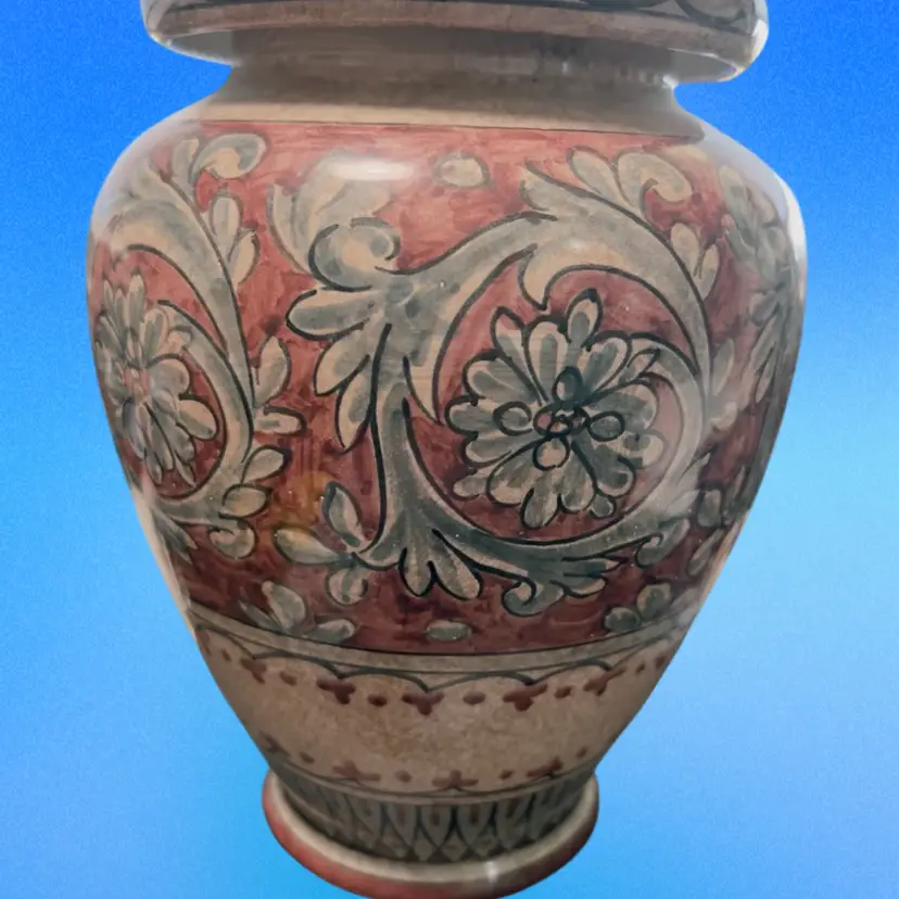 Beautiful 8” Hand Painted Italian Rolled Top Pottery Vase Signed Bishops Italy