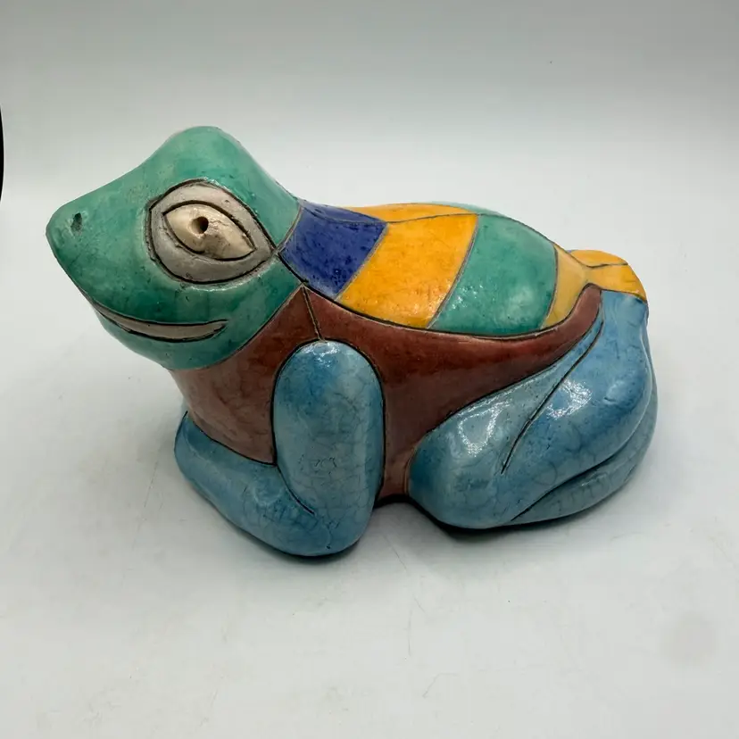 Vtg Raku Art Pottery Frog Statue South Africa Geometric Multi-Color Glaze 7”