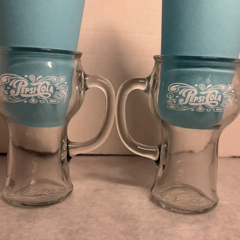 2 Vintage Pepsi Cola Glasses Steins Mug Handle Embossed White Logo 6 1/4"Tall