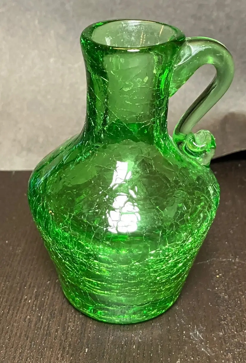 VTG Emerald Green Crackle Glass Mini Pitcher Jug Vase Applied Green Handle