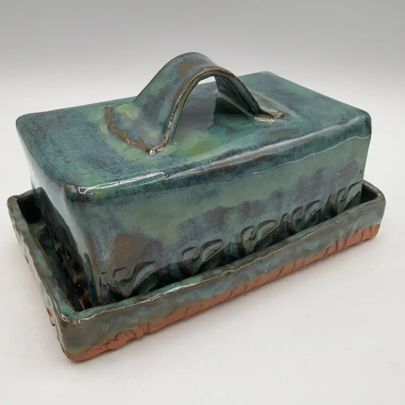 G. Fisher Pottery Butter Dish Green Blue Drip Glaze